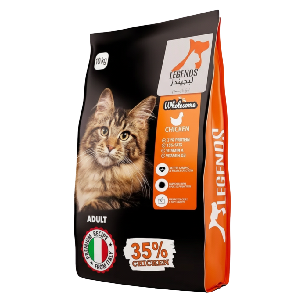 Cat food package with a cat on the front, featuring the brand 'Legends' and highlighting chicken as a main ingredient.