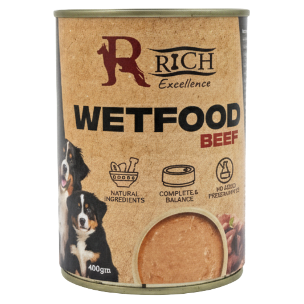 Can of Rich Excellence Wetfood Beef for dogs on a white background