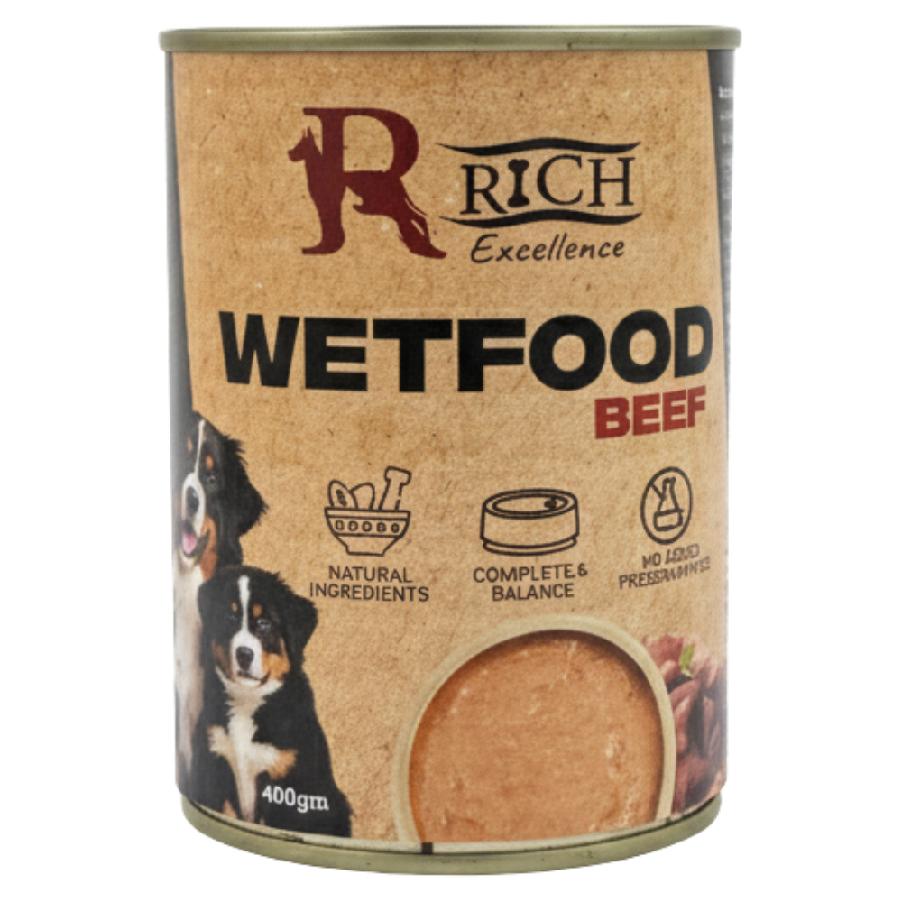 Can of Rich Excellence Wetfood Beef for dogs on a white background