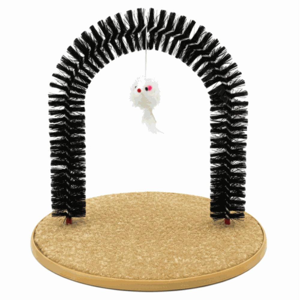 Cat toy with a cardboard arch and dangling white mouse on a white background
