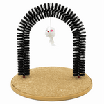 Cat toy with a cardboard arch and dangling white mouse on a white background