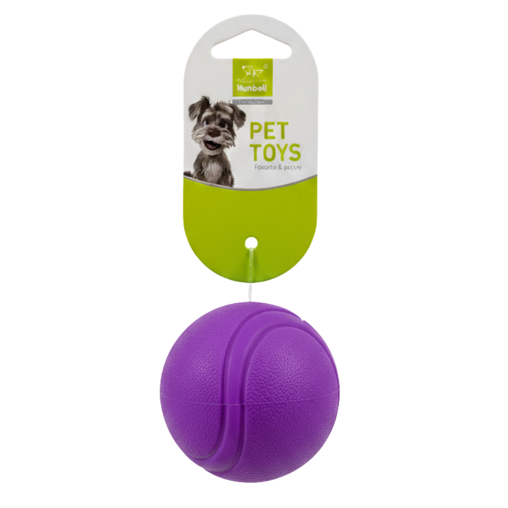 Purple rubber ball pet toy on a green and white packaging with a dog illustration.