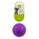 Purple rubber ball pet toy on a green and white packaging with a dog illustration.