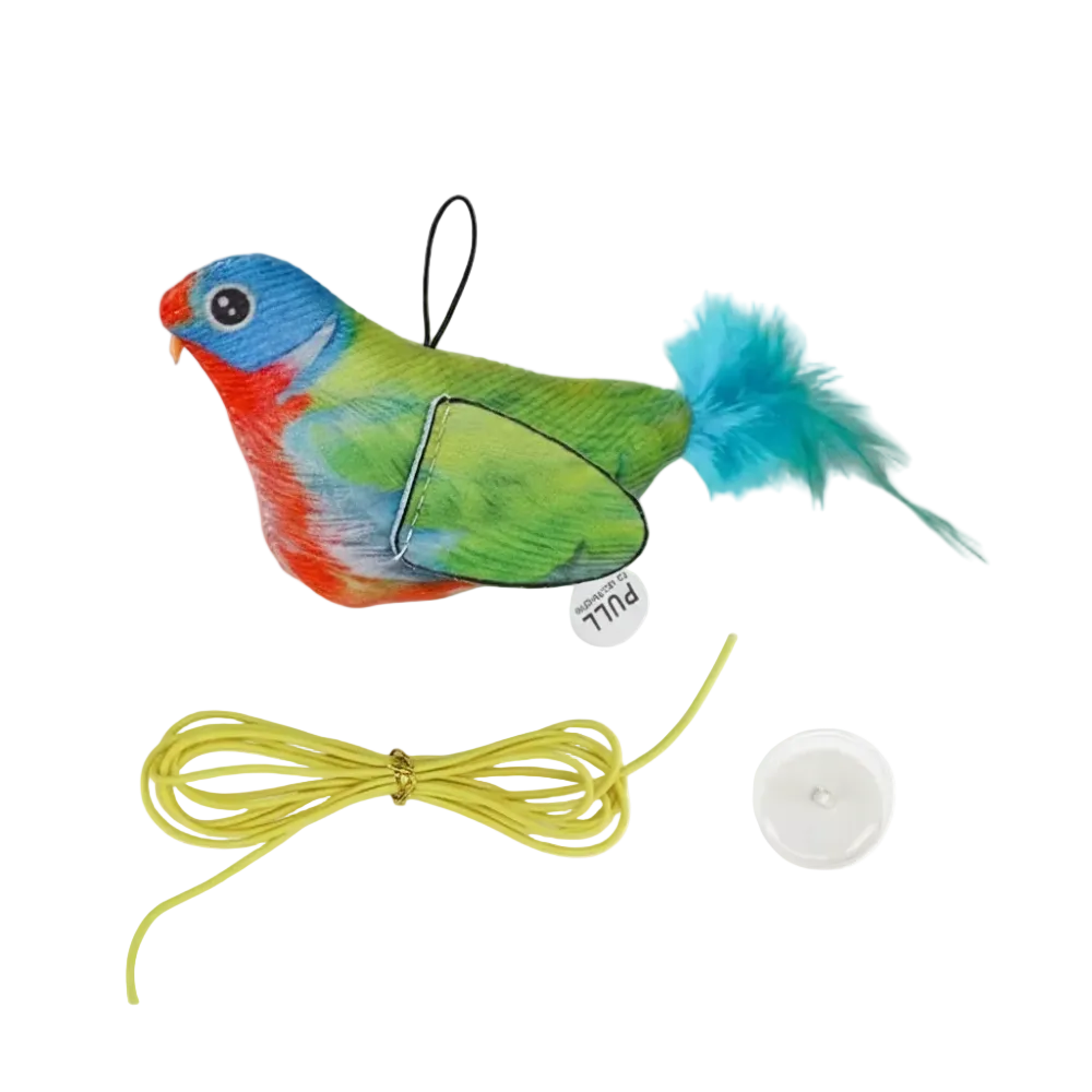 Colorful bird-shaped toy with a string and suction cup on a white background