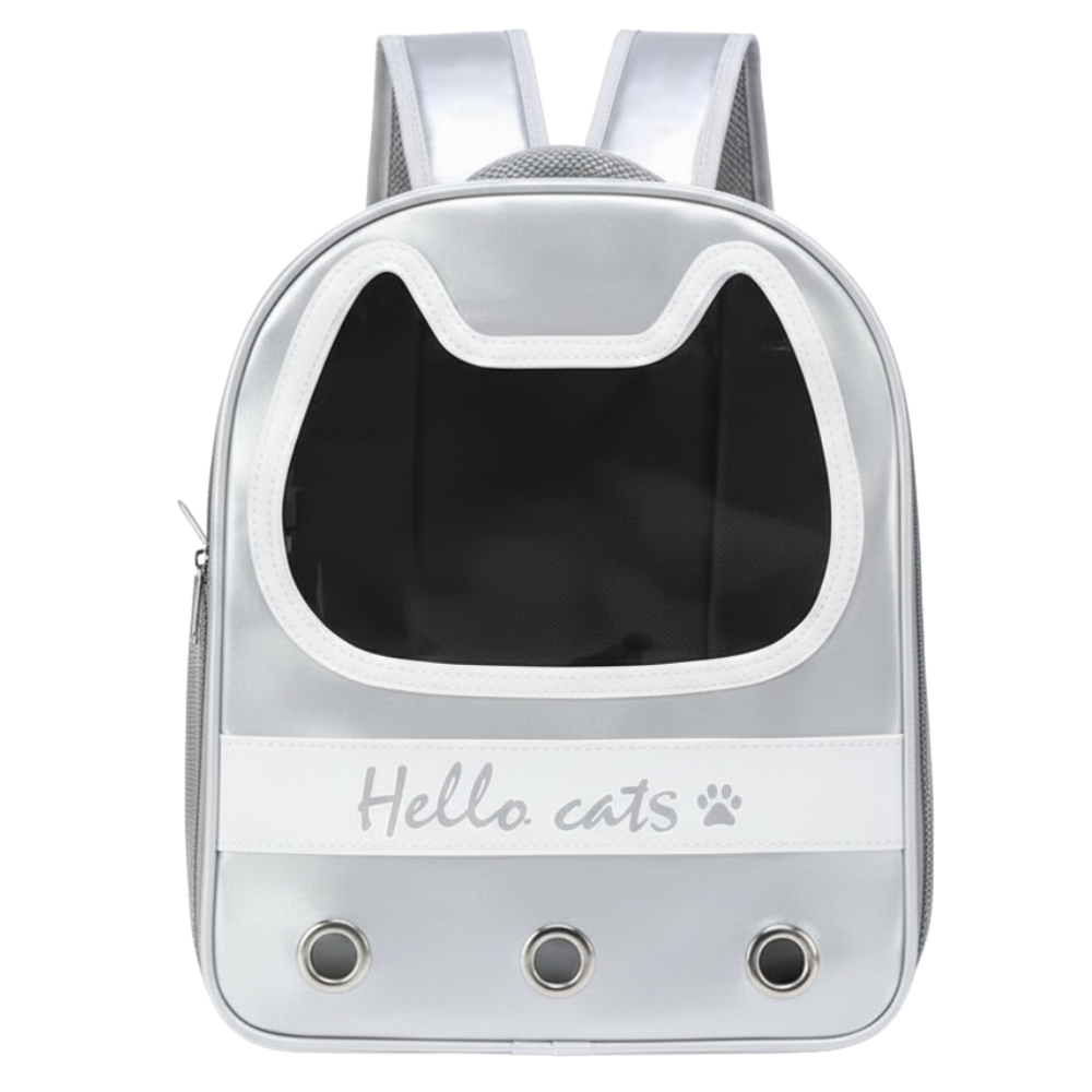 Silver pet backpack with 'Hello cats' text on a white background