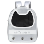 Silver pet backpack with 'Hello cats' text on a white background
