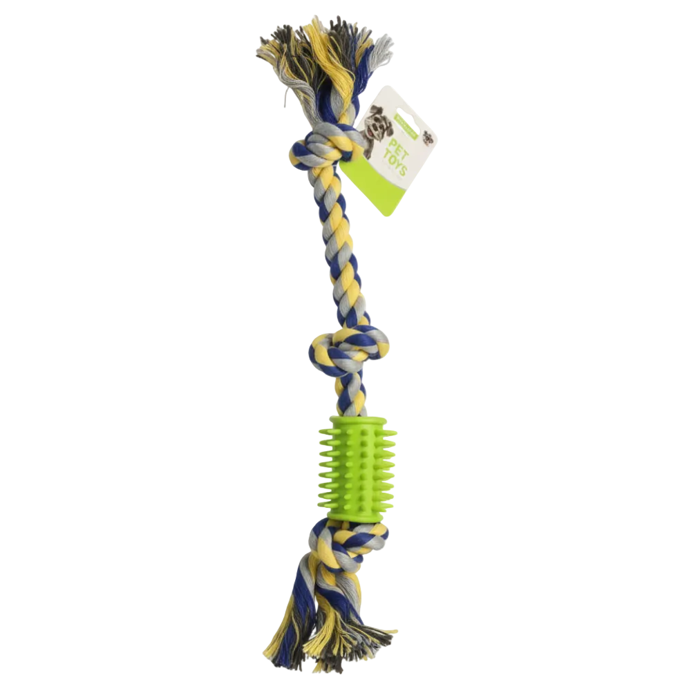 Dog toy with braided rope and green textured ball on a white background
