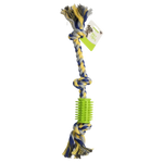 Dog toy with braided rope and green textured ball on a white background