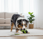 Dog playing with a green and black toy on a rug in a living room.