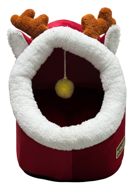 Red pet bed with white fur trim and brown antlers on a white background