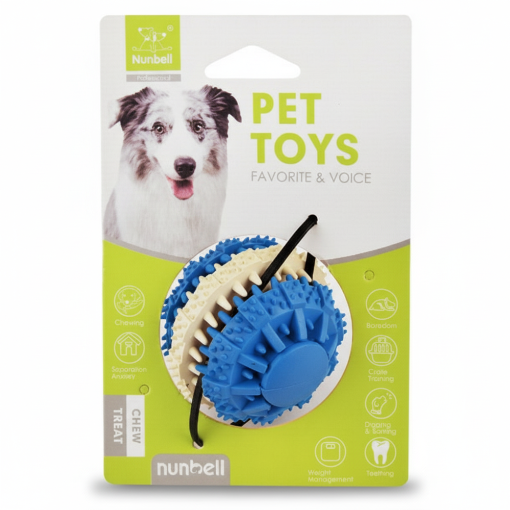 Dog toy with blue and beige design on a Nunbell packaging