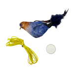 Bird-shaped toy with a yellow string and a white disc on a white background