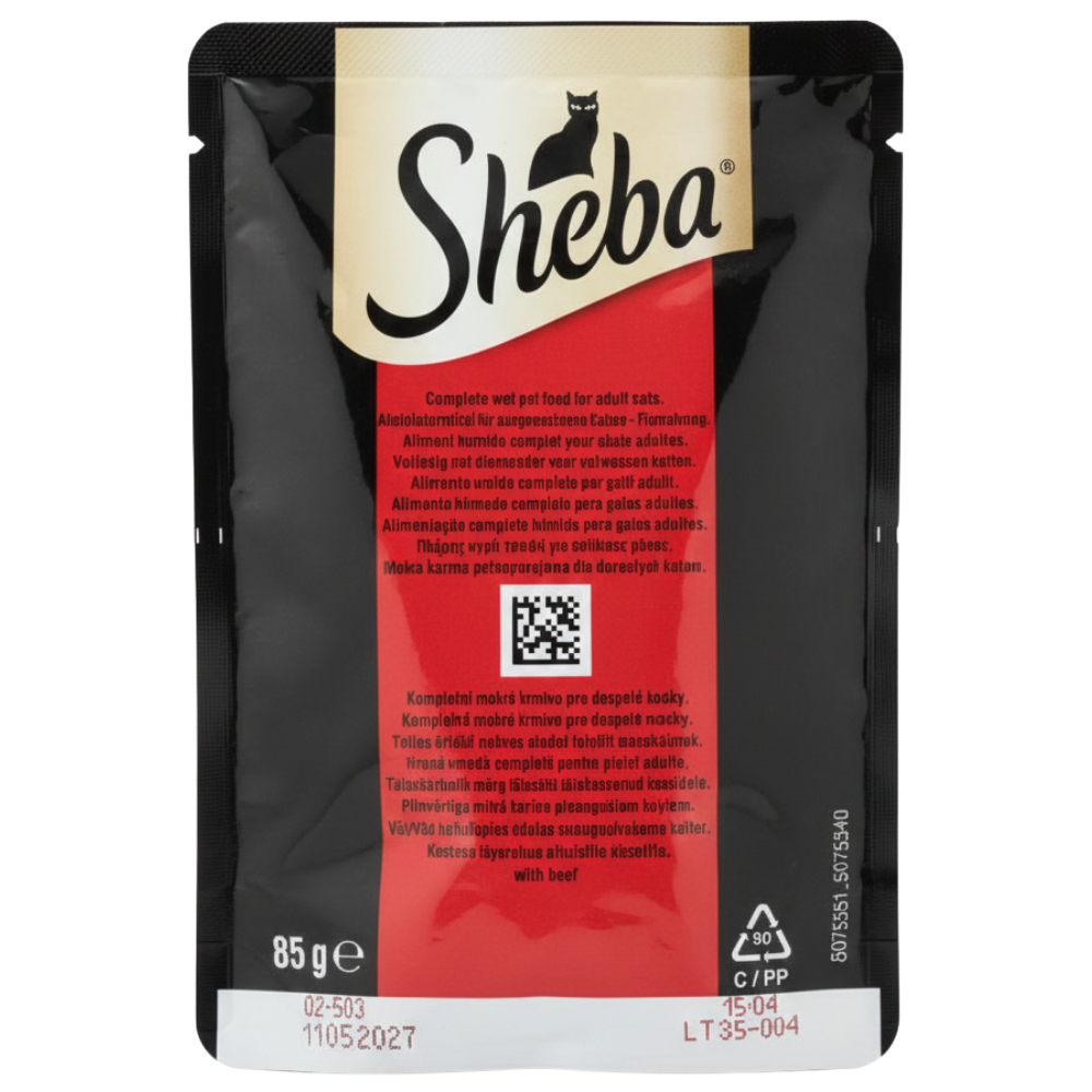 Sheba cat food pouch packaging with black and red design