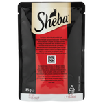 Sheba cat food pouch packaging with black and red design