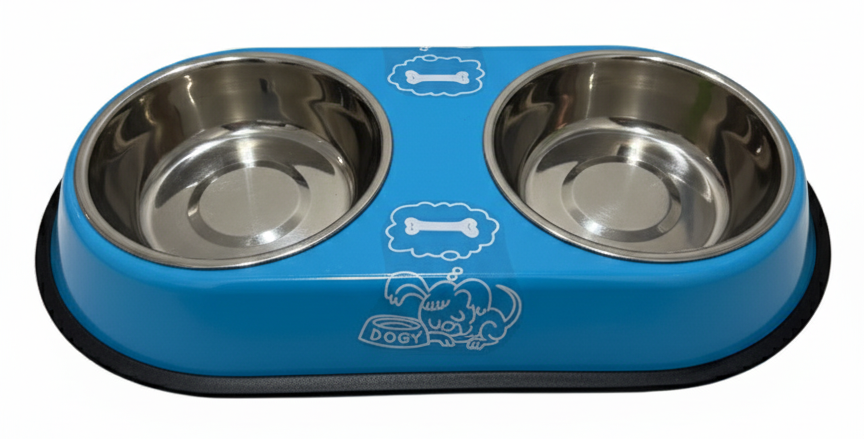 Blue pet food bowl with two stainless steel bowls on a white background
