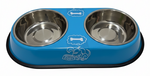Blue pet food bowl with two stainless steel bowls on a white background
