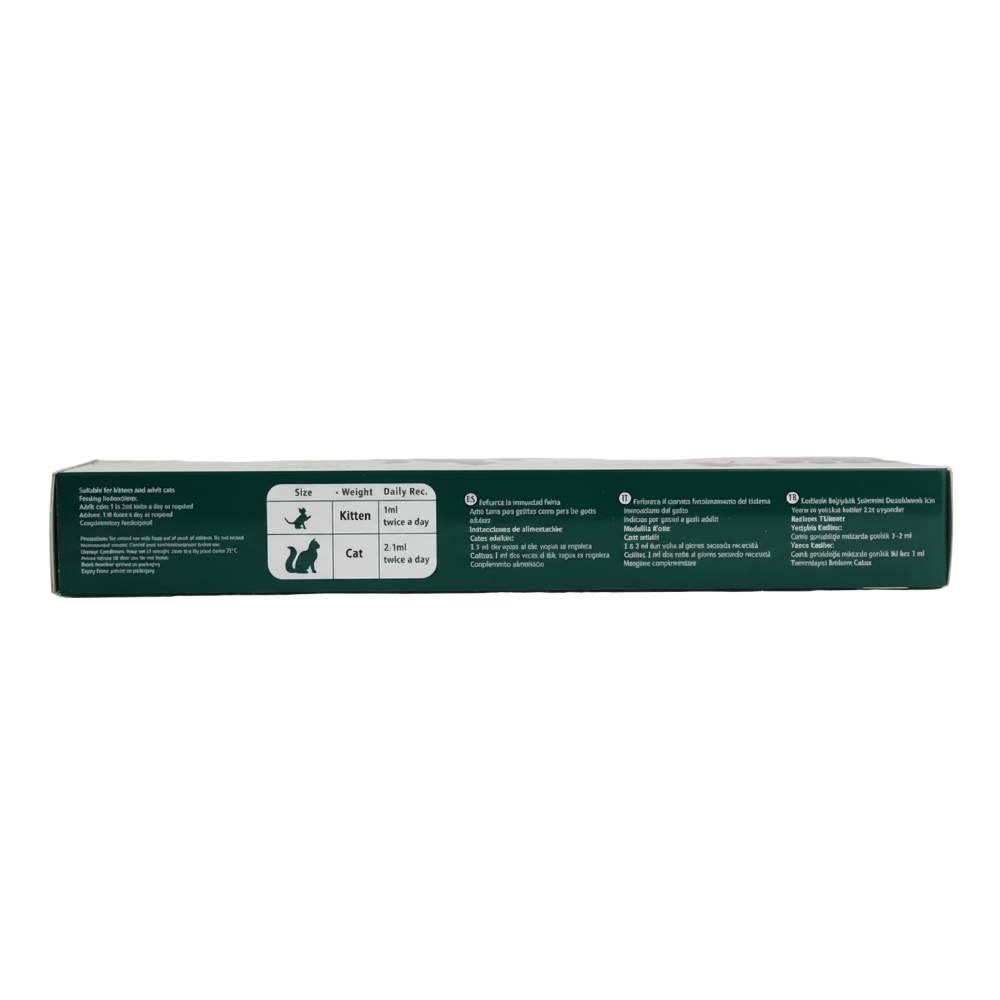 Product packaging with text and icons on a green background
