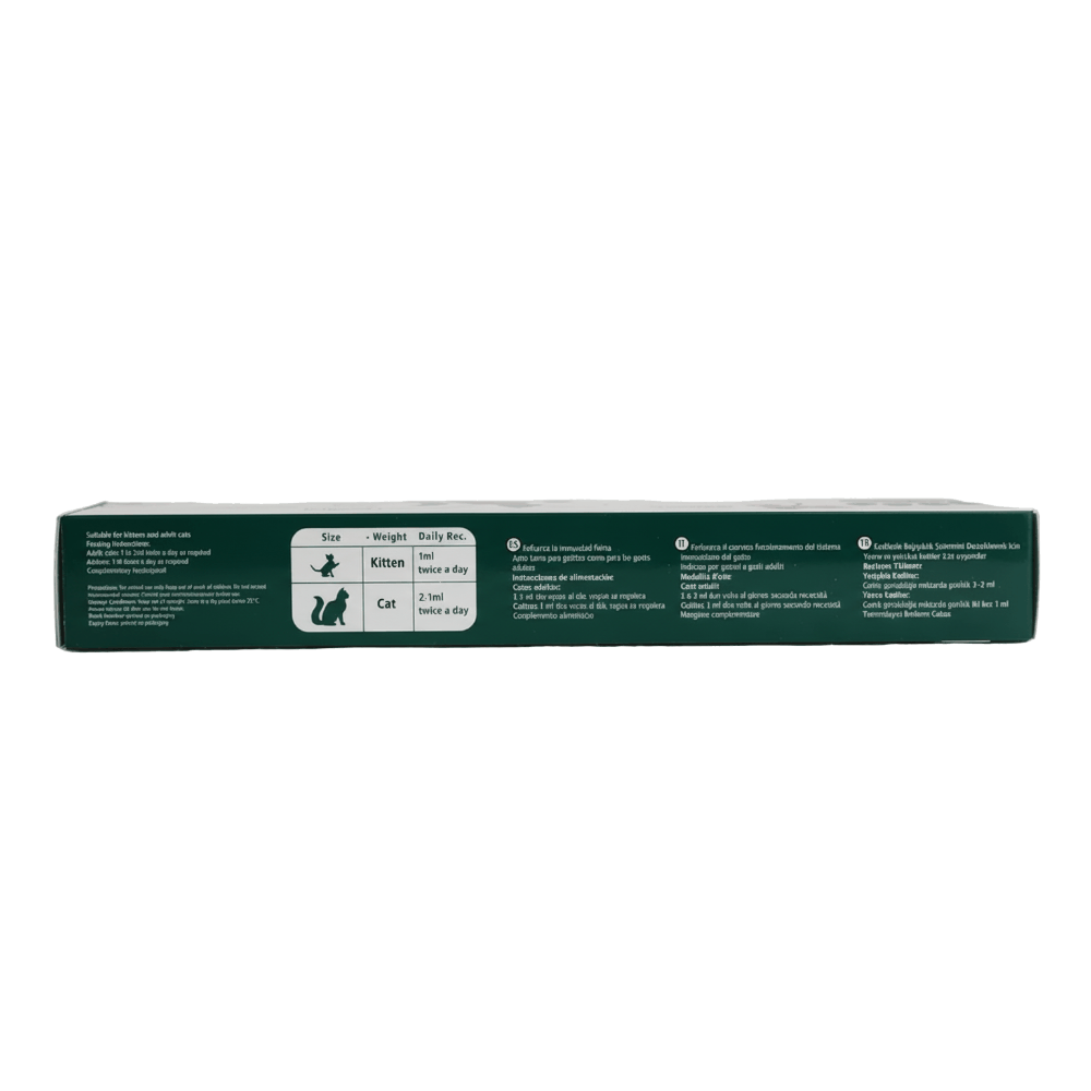 Product packaging with text and icons on a green background