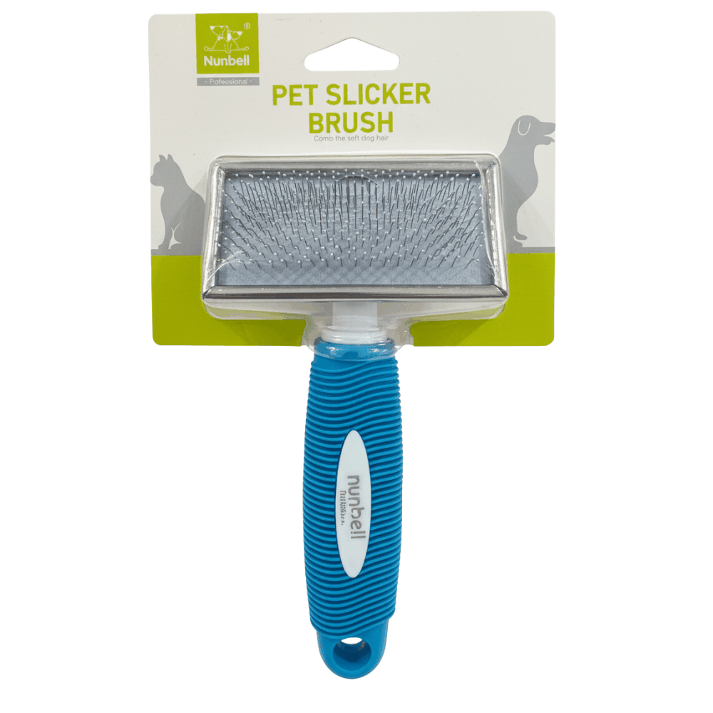 Pet slicker brush with blue handle on a white background