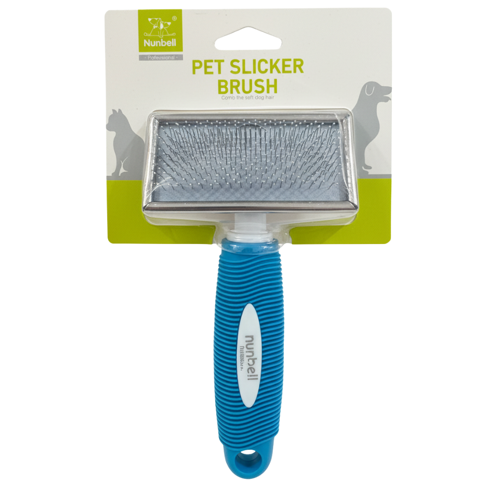 Pet slicker brush with blue handle on a white background