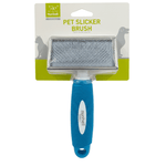 Pet slicker brush with blue handle on a white background