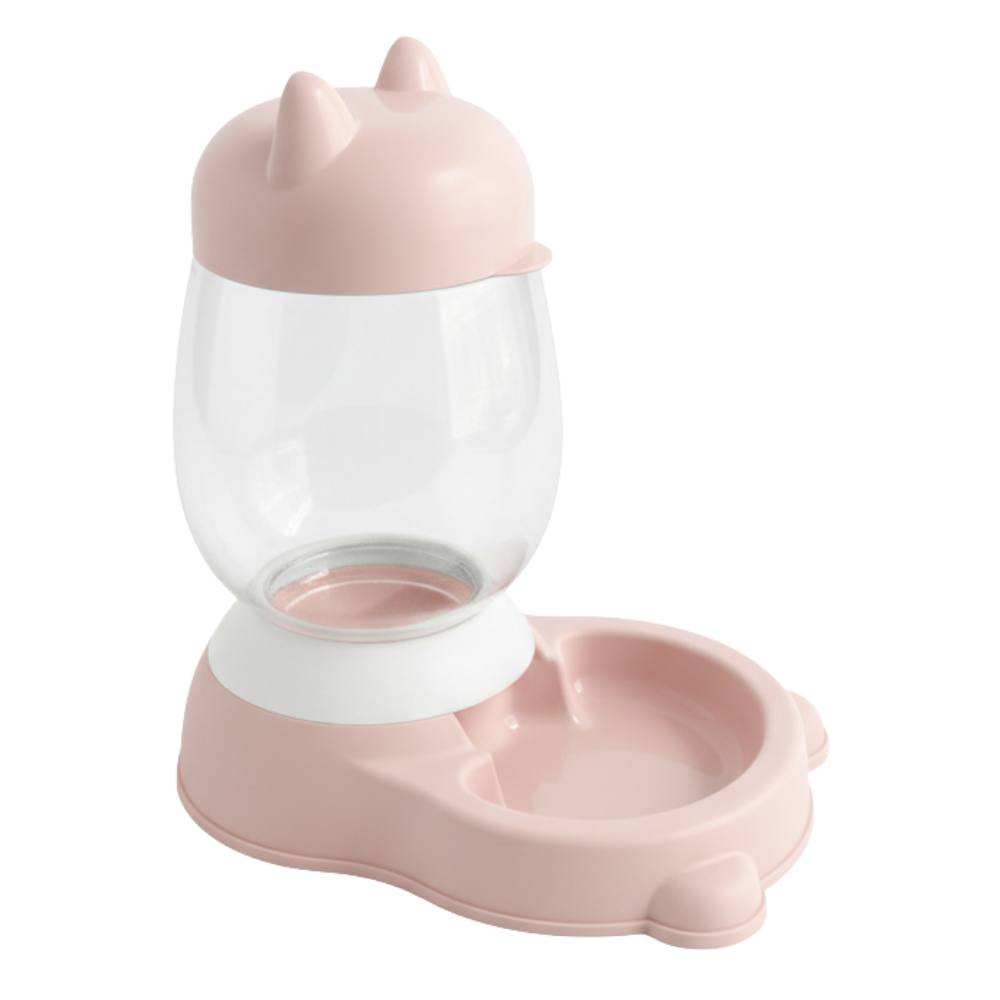 Pink pet water bottle and bowl set on a white background