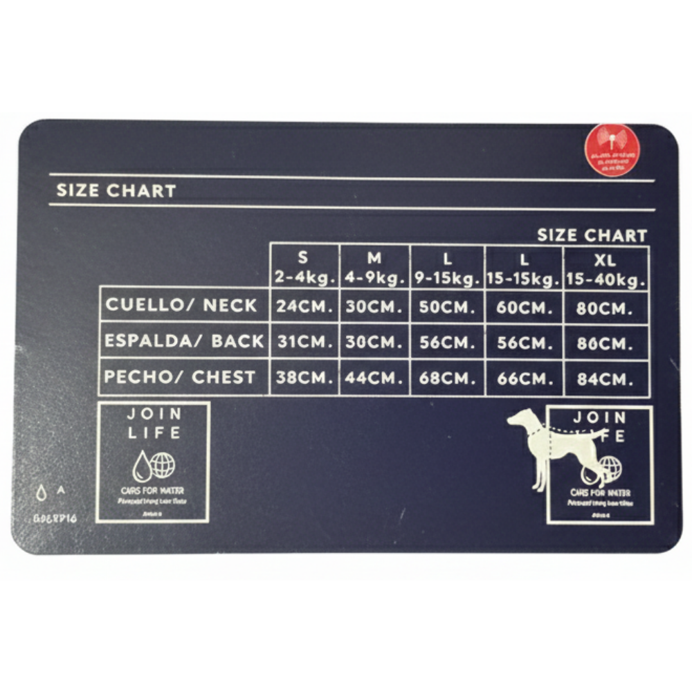 Size chart for pet clothing on a dark background