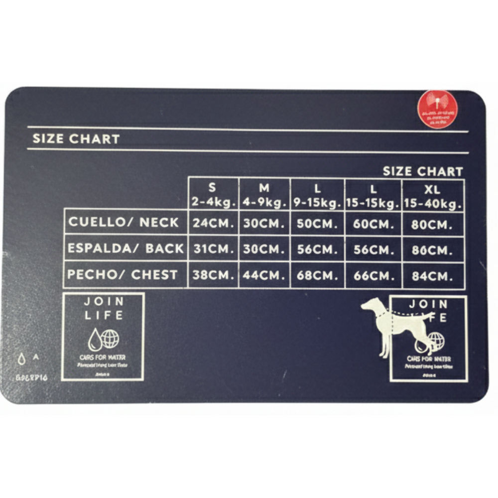Size chart for pet clothing on a dark background with brand logos.