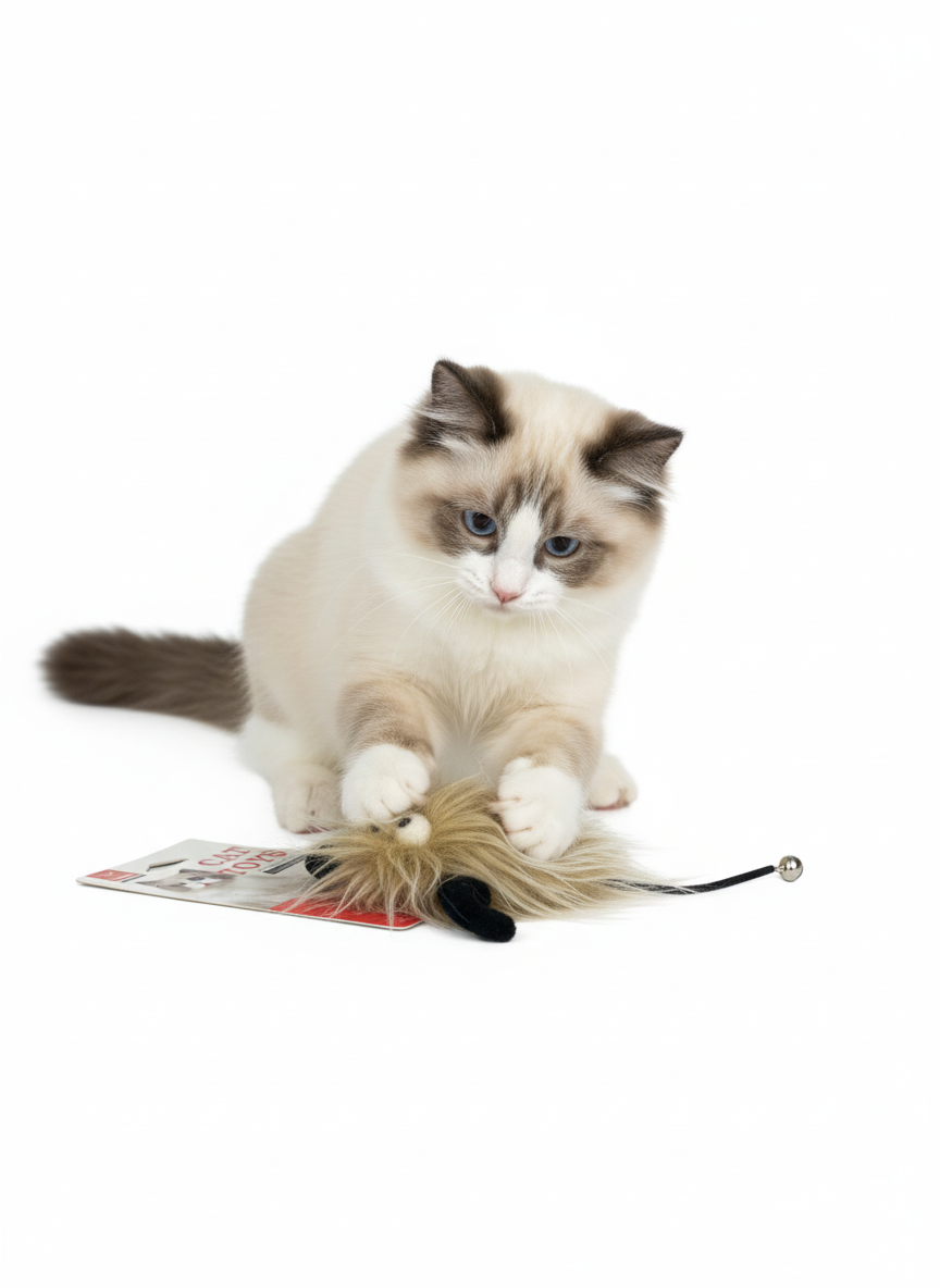 Cat playing with a toy on a white background