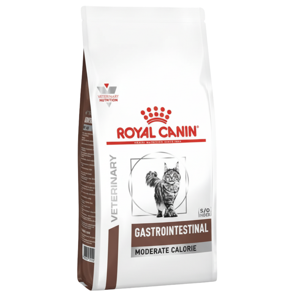 Royal Canin Veterinary Gastrointestinal Moderate Calorie cat food bag on a white background