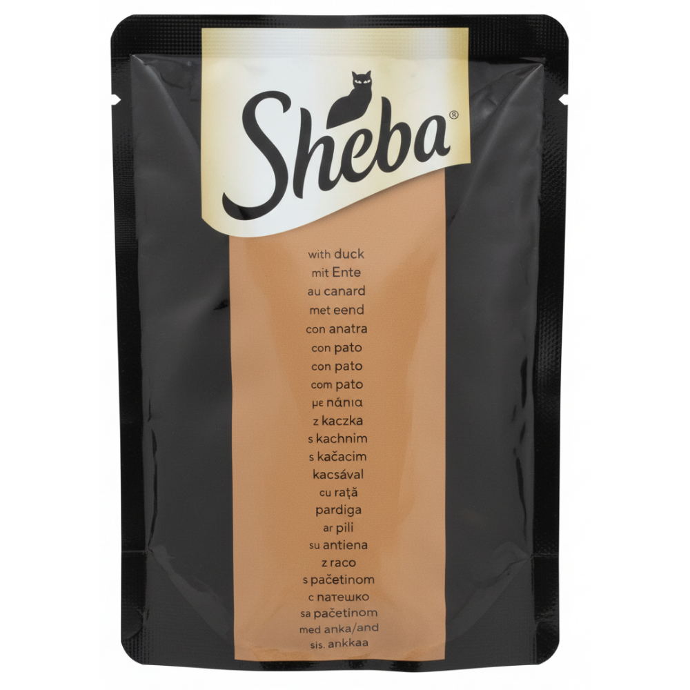 Sheba cat food pouch with duck flavor on a black background