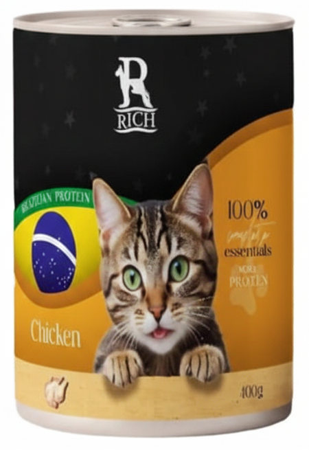 Can of cat food with a cat on the label, featuring the brand 'R Rich'.