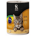 Cat food can with a label featuring a cat and text on a white background