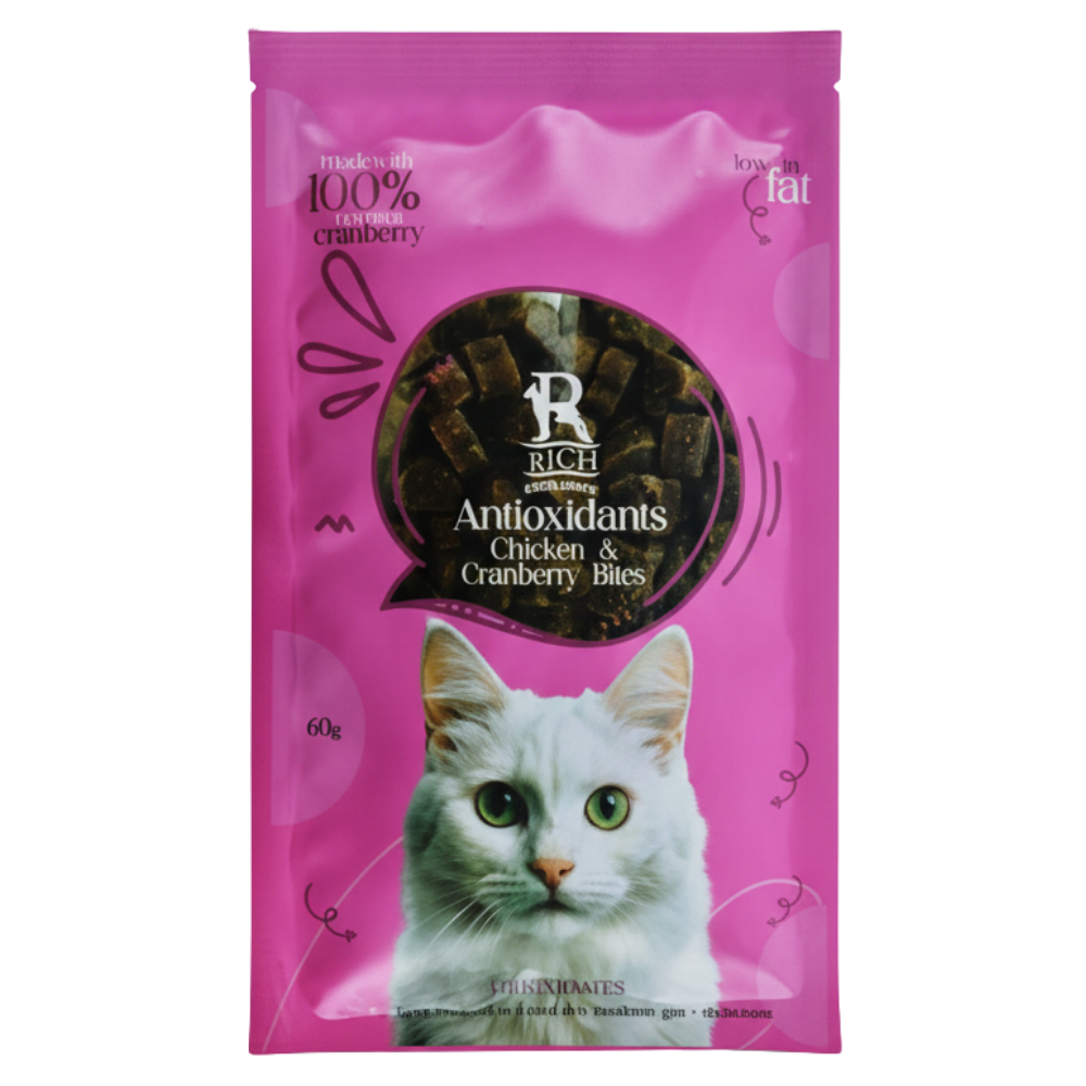 Pink cat food package with a cat's face on a white background