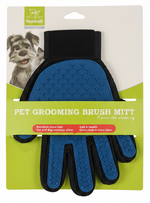 Pet grooming brush mitt on a green and white packaging with Nunbell branding.