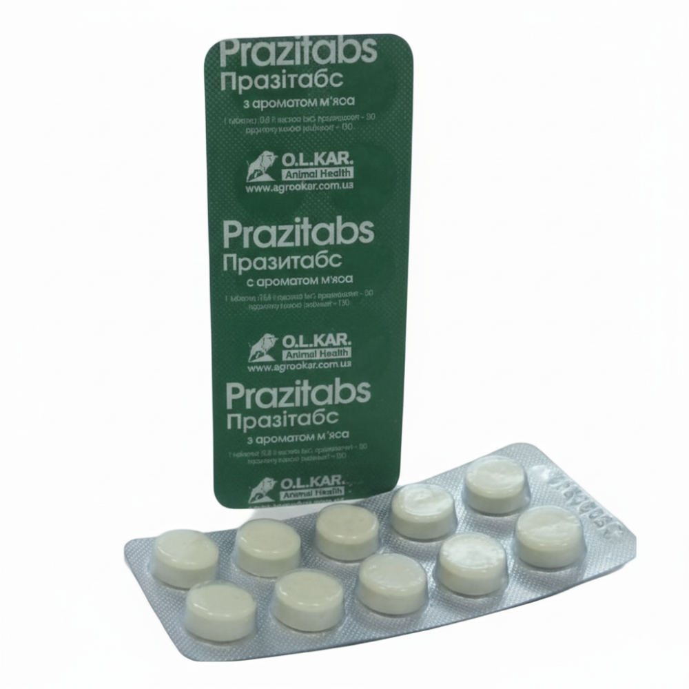 Prazitabs packaging with white tablets on a white background
