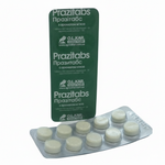 Prazitabs packaging with white tablets on a white background