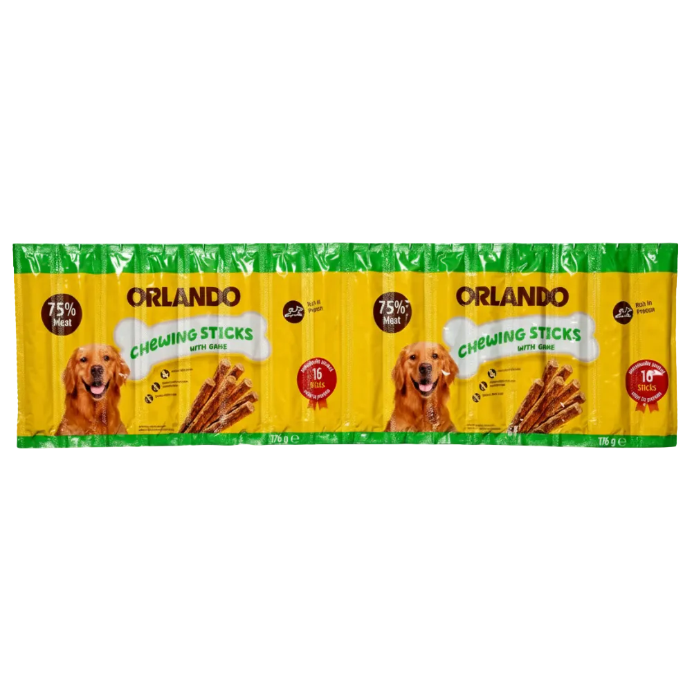 Packaging of Orlando Chewing Sticks for dogs with images of dogs and treats on a yellow background.