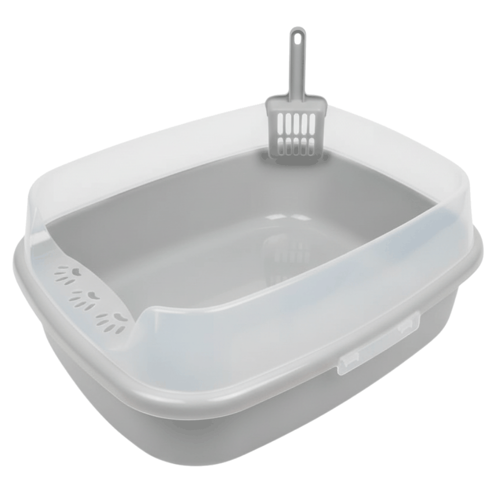 Gray cat litter box with a scoop on a white background