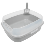 Gray cat litter box with a scoop on a white background