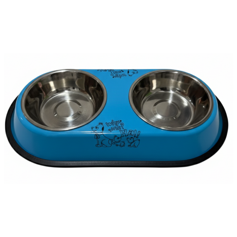Blue pet bowl with two stainless steel compartments on a white background