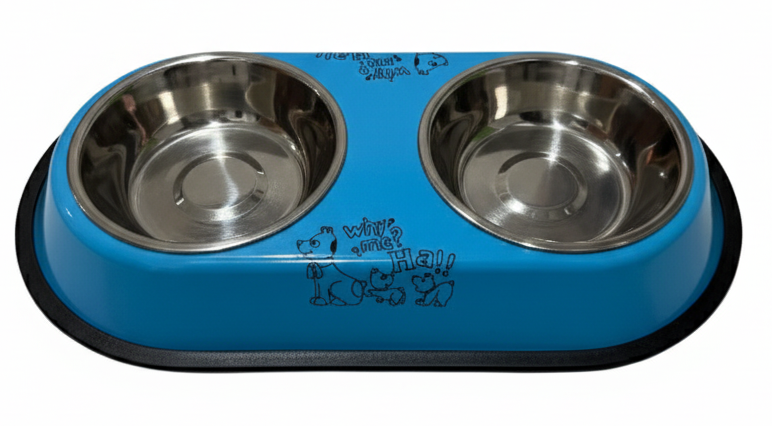 Blue pet bowl with two stainless steel compartments on a white background