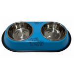 Blue pet bowl with two stainless steel compartments on a white background