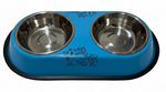 Blue pet feeder with two stainless steel bowls on a white background