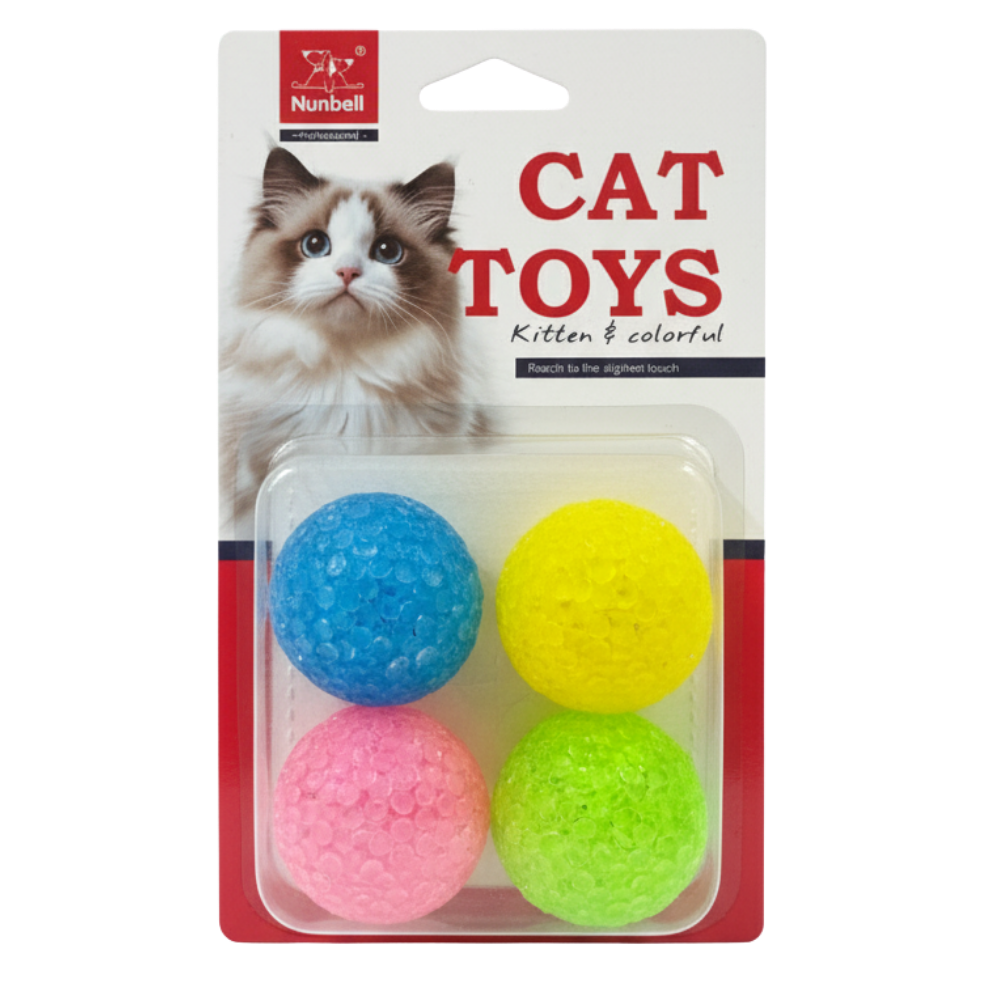 Cat toys in a clear plastic tray with colorful balls on a branded packaging