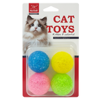 Cat toys in a clear plastic tray with colorful balls on a branded packaging