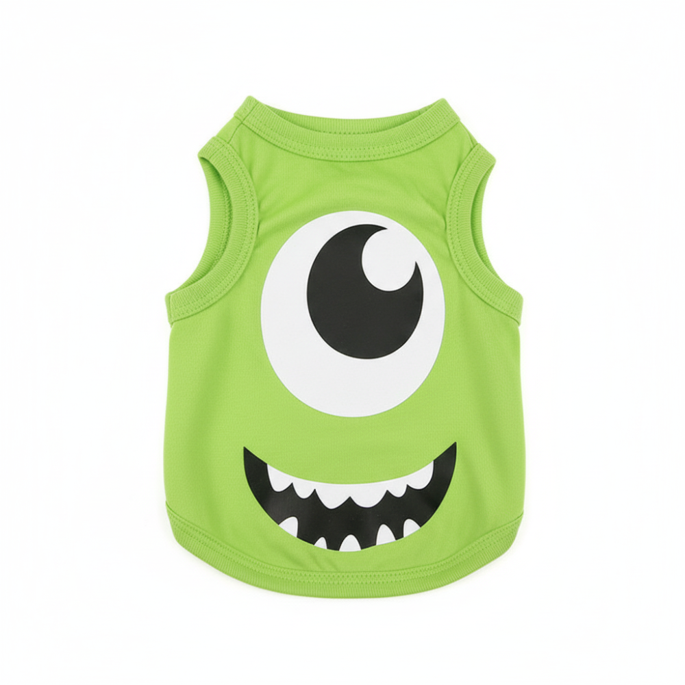 Green sleeveless dog shirt with a monster face design on a white background
