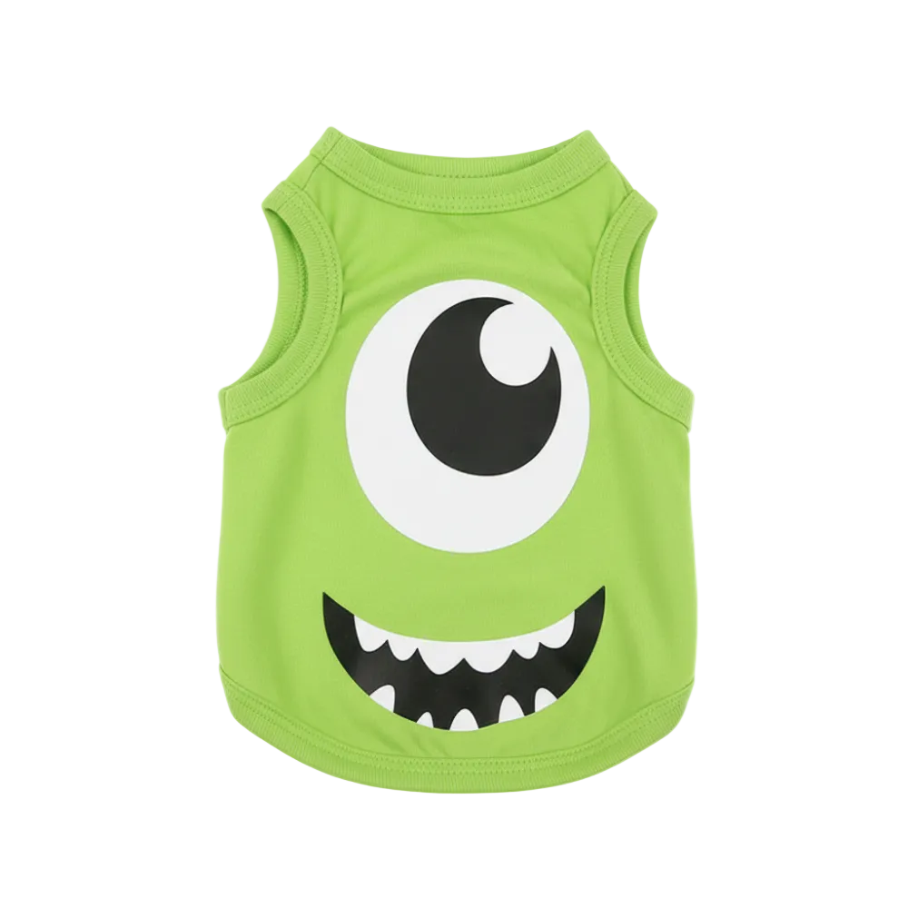 Green sleeveless dog shirt with a monster face design on a white background