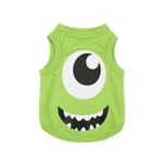 Green sleeveless dog shirt with a monster face design on a white background
