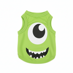 Green sleeveless dog shirt with a monster face design on a white background